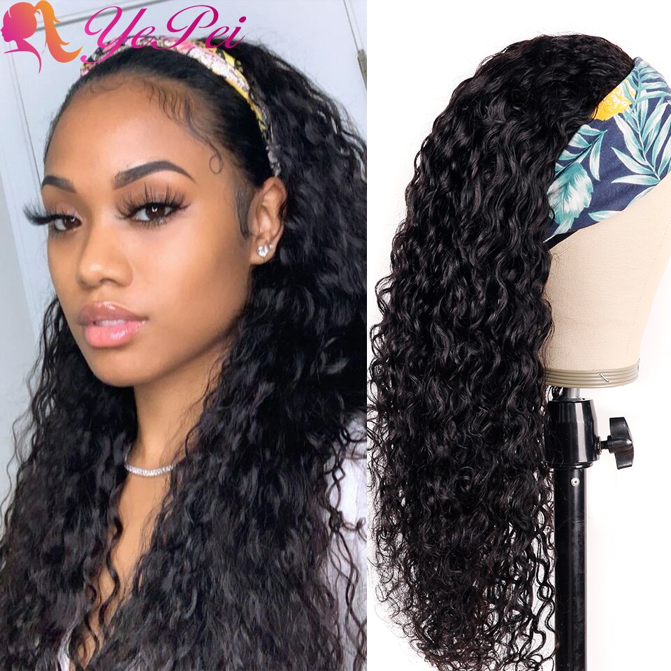 Water Wave Glueless Human Hair Wigs Indian Headband Wig For Black Women Long Hair 12-36Inch Curly Headband Wig Natural Color
